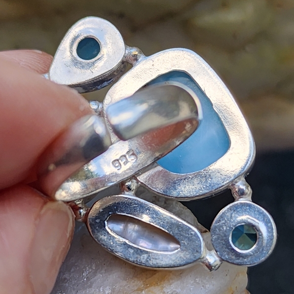 Silver 925 Ring Genuine Blue Larimar Chalc dony Stone Boho Unique Jewelry